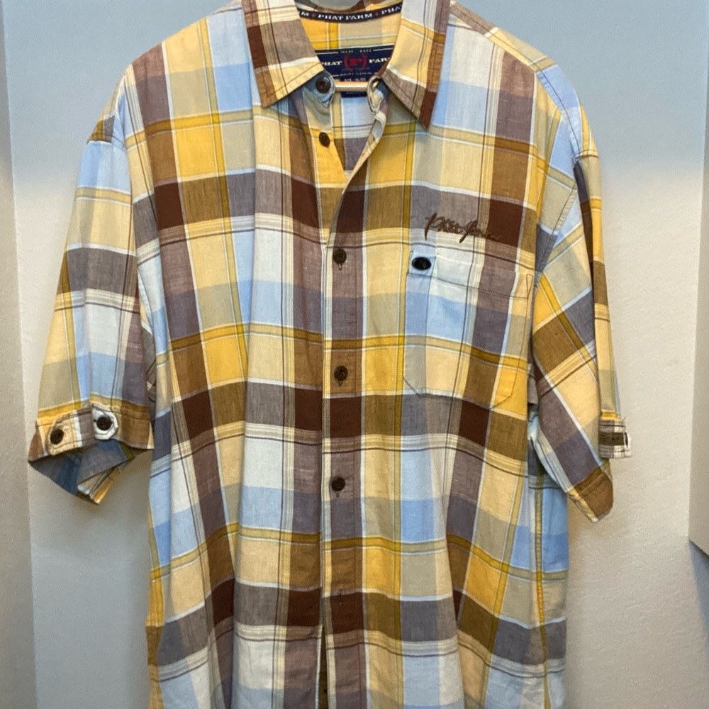 Phat Farm Blue, Yellow, and Brown Plaid Shirt